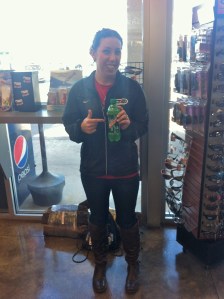 Picking up some post-race Dew on the way home and showing off my awesome new boots - I found ones that not only fit my giant calves but were loose!